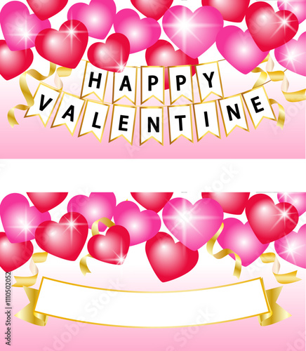 バレンタインに使えるピンクや赤のハートのキラキラした飾りのバナーデザイン、ベクター素材。
