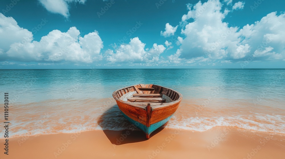 Wooden boat resting on sandy beach with calm ocean and blue sky, serene tropical scene, summer vacation, peaceful nature, travel destination, tranquil seaside atmosphere. Wooden boat resting on sandy beach with calm ocean and blue sky, serene tropical scene, summer vacation, peaceful nature, travel destination, tranquil seaside atmosphere.