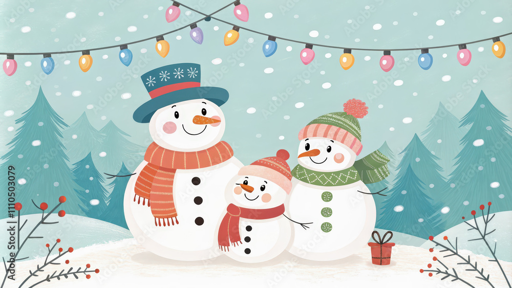 A snowman family under a snowfall, decorated with twinkling Christmas lights and ornaments, greeting card design, soft colors A snowman family under a snowfall, decorated with twinkling Christmas lights and ornaments, greeting card design, soft colors