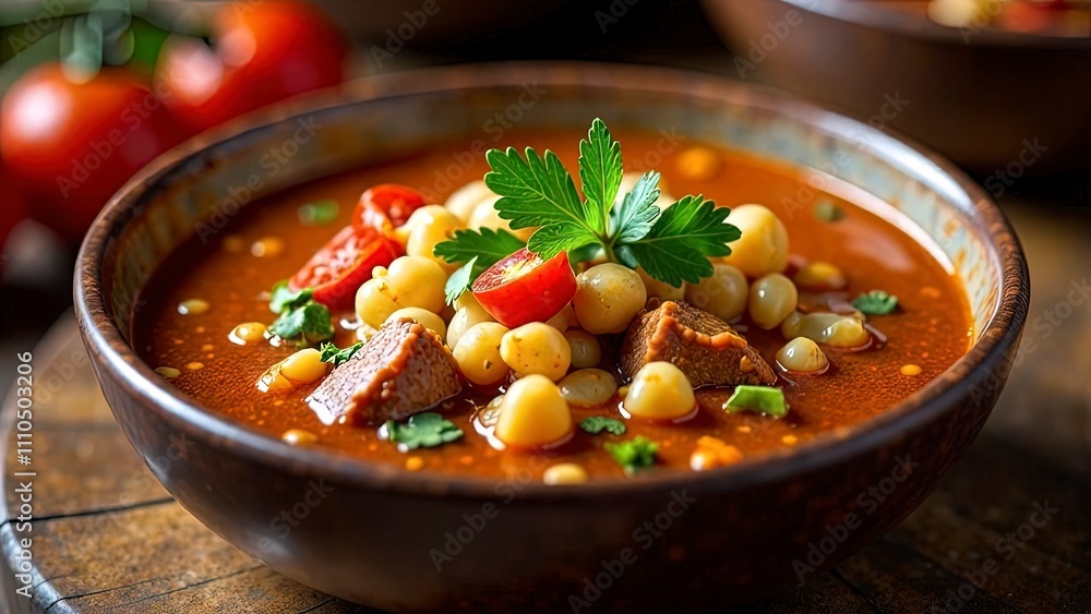 Mexican pozole with hominy and pork, holiday decor, festive mood Mexican pozole with hominy and pork, holiday decor, festive mood