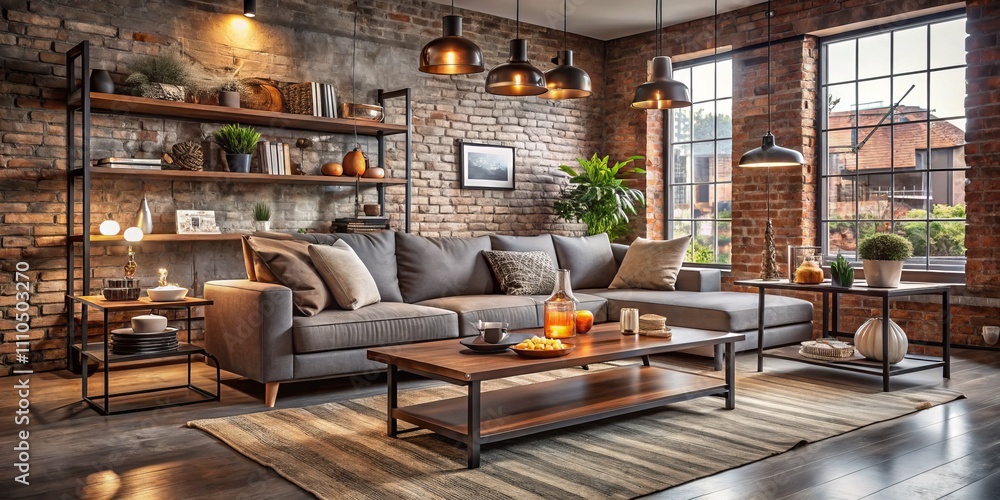 Modern Living Room with Industrial Touches Featuring Food Photography on a Metal Coffee Table Surrounded by a Grey Sofa and Brick Walls for a Contemporary Atmosphere Modern Living Room with Industrial Touches Featuring Food Photography on a Metal Coffee Table Surrounded by a Grey Sofa and Brick Walls for a Contemporary Atmosphere