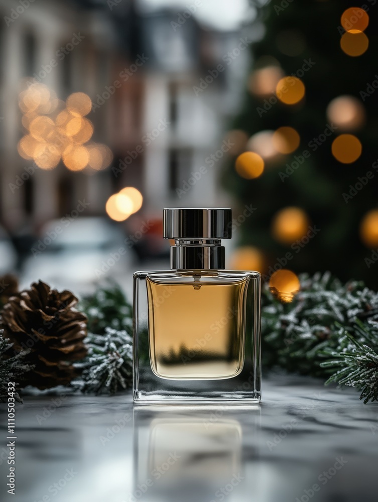 Elegant perfume bottle on marble with festive lights Elegant perfume bottle on marble with festive lights