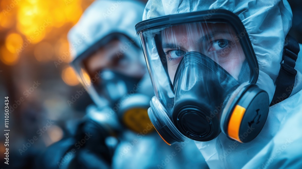 Two individuals in protective gear and masks, set against a blurred, fiery background, suggest a hazardous environment or emergency situation. Two individuals in protective gear and masks, set against a blurred, fiery background, suggest a hazardous environment or emergency situation.