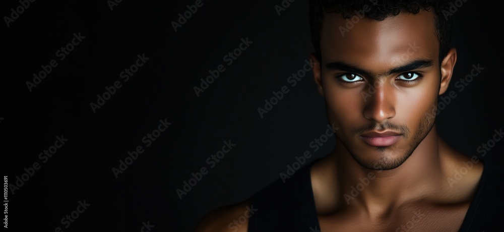 Portrait of young man with striking features, intense gaze, dark background, defined jawline, athletic build, captivating expression, copy space for text Portrait of young man with striking features, intense gaze, dark background, defined jawline, athletic build, captivating expression, copy space for text