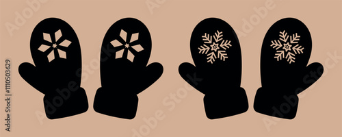 Gloves. Black silhouette. Winter mittens with snowflakes. Mittens icon. Decorative element for Christmas design.