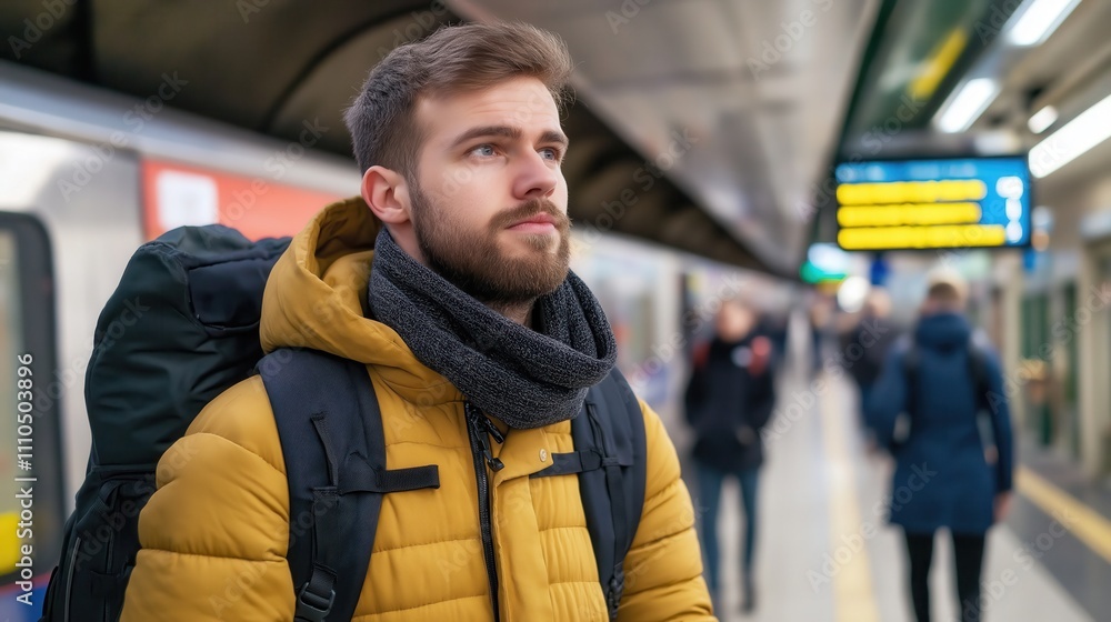 A young man in a yellow jacket stands at a subway station, appearing contemplative amidst commuters and digital signs in the background. A young man in a yellow jacket stands at a subway station, appearing contemplative amidst commuters and digital signs in the background.