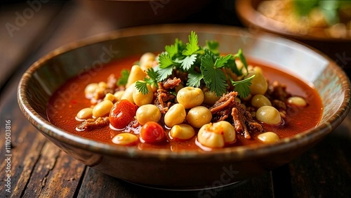 Mexican pozole with hominy and pork, holiday decor, festive mood