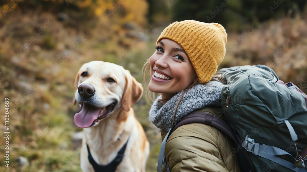 A woman smiles as she sits with her dog in a field of tall grass. A woman smiles as she sits with her dog in a field of tall grass.