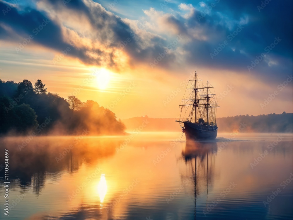 Fototapeta premium Mysterious Ship Sailing Through Thick Fog on Tranquil Waters at Dawn, Evoking a Sense of Adventure and Serenity in Nature's Embrace, Perfect for Landscape Photography Enthusiasts
