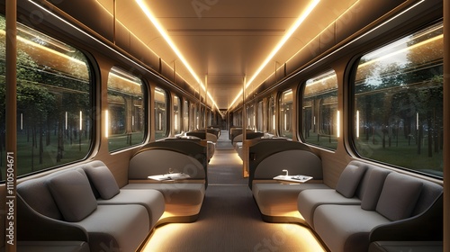 Contemporary train cabin with modern seating and soft lighting. Spacious and minimalist design for a luxurious travel experience.