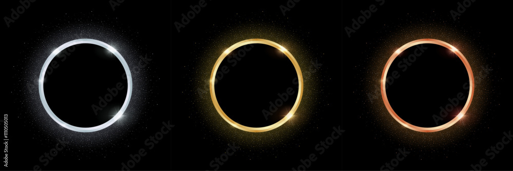 Golden, Silver and Bronze Sparkling Ring with Glitter Effect on Black Background. Shiny Circle Award Frame. Vector Banner Template with Copy Space. Golden, Silver and Bronze Sparkling Ring with Glitter Effect on Black Background. Shiny Circle Award Frame. Vector Banner Template with Copy Space.