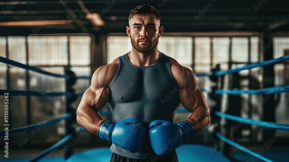 A man standing confidently in the middle of a boxing ring with blue boxing gloves resting at his sides the ring ropes A man standing confidently in the middle of a boxing ring with blue boxing gloves resting at his sides the ring ropes