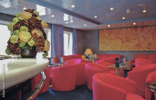 Bar lounge or club onboard classic historic cruiseship cruise ship liner in dated ambience and outfitting interior design photo