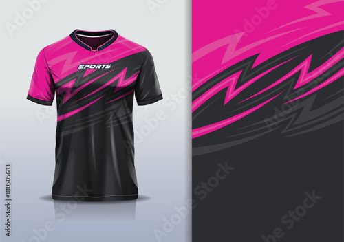 T-shirt mockup abstract stripe line jersey design for football, soccer, racing, esports, running, in pink black color