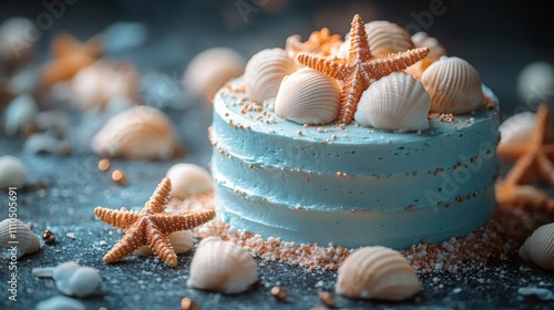 Beach-themed cake decorated with seashells and starfish, ocean-inspired dessert, artistic design, marine celebration, creative baking, coastal party theme, intricate details, edible art. photo