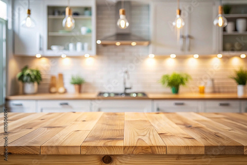 Here's a description and keywords for your stock photo.. Empty wooden table in front of blurred modern kitchen.