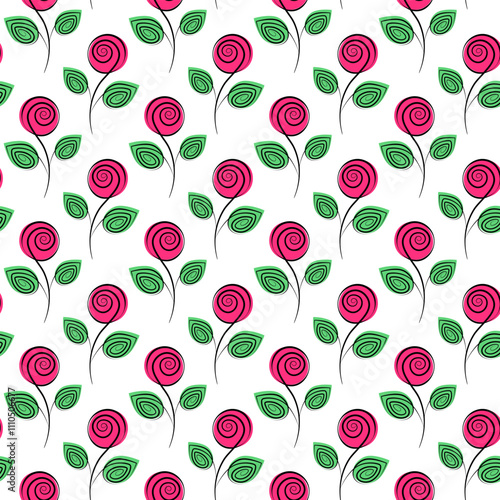 Abstract Rose on stem with leaves Seamless Pattern in trendy bright marker colors. Spring background