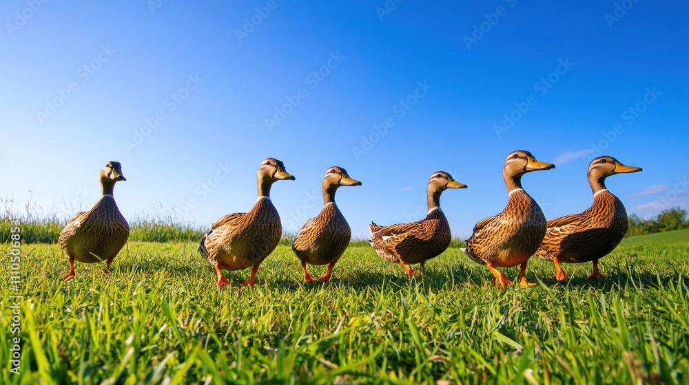 Group of ducks waddling across a grassy field under a clear blue sky Group of ducks waddling across a grassy field under a clear blue sky
