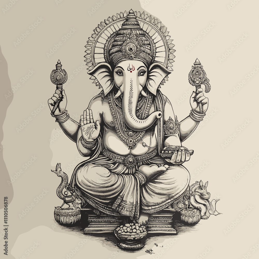 Obraz premium Majestic illustration of Lord Ganesha surrounded by traditional symbols of prosperity and wisdom