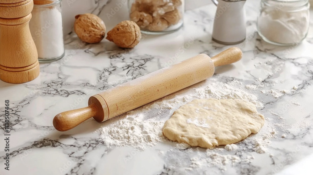 Rolling pin flattening dough on a kitchen surface, surrounded by flour and baking tools Rolling pin flattening dough on a kitchen surface, surrounded by flour and baking tools