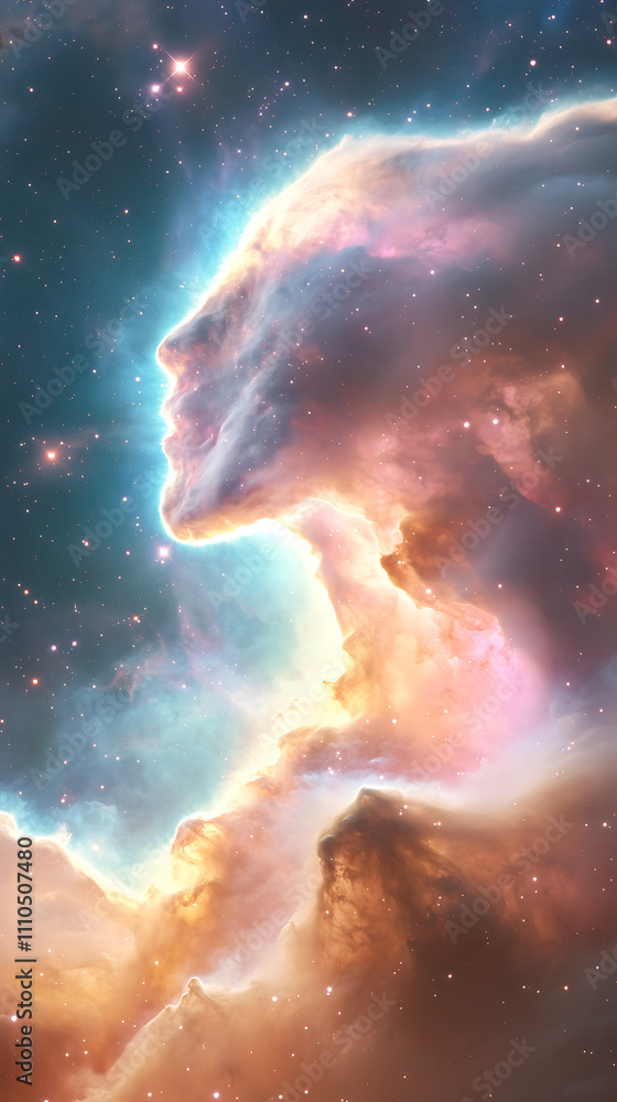 Fototapeta premium A cosmic scene resembling a human profile formed by colorful nebulae and stars.