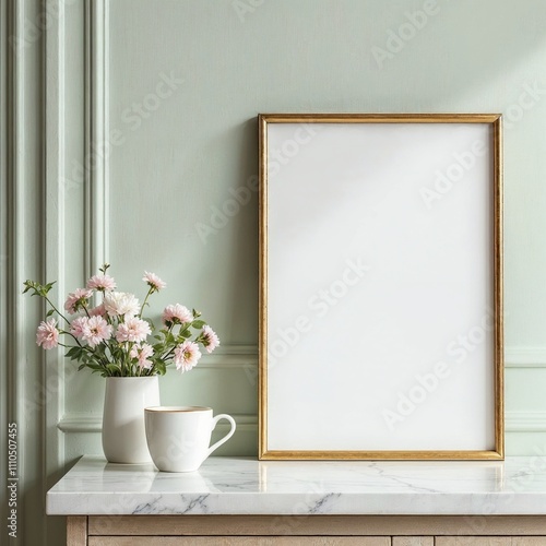 Frame mockup, A4 poster size. Living room wall poster mockup. Minimalist interior design with modern decor. 3D render.