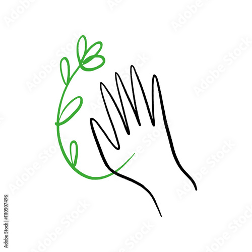 Hand silhouette and floral branch drawing, self love and care minimalist art, boho zen icon of harmony or holistic logo Reiki healing herbal meditation clip-art isolated on white background pre-made