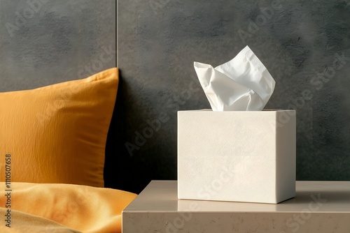 White Tissue Box on Beige Surface with Yellow Bedding