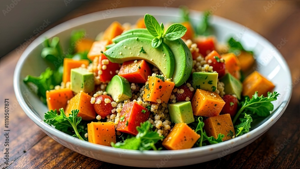 Quinoa salad with roasted sweet potatoes, avocado, and kale, fresh and nutritious Quinoa salad with roasted sweet potatoes, avocado, and kale, fresh and nutritious