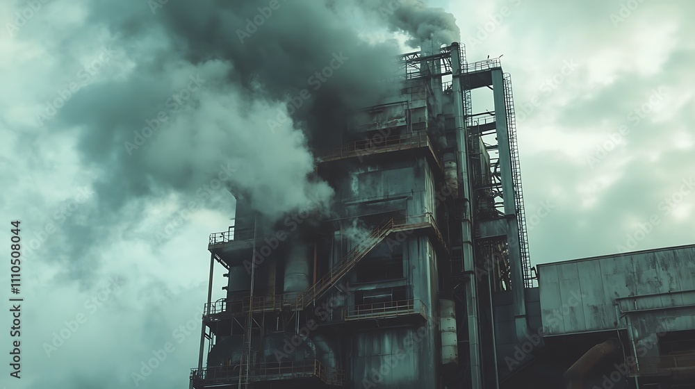 Dark smoke billows from a large industrial plant's smokestack against a cloudy sky. Dark smoke billows from a large industrial plant's smokestack against a cloudy sky.