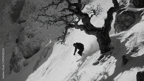 Skier Carving Through Fresh Snow Beneath a Gnarled Tree in the Mountains During a Winter Afternoon photo