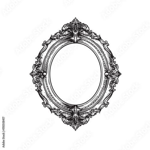 Oval vintage picture frame. Hand drawn victorian retro sketch style. Vector illustration isolated on white.