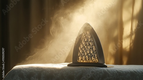 Steam iron on ironing board, sunlit room.