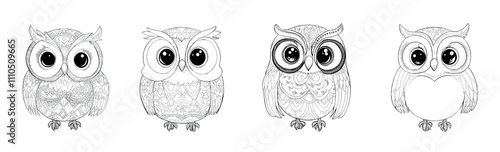 Set of Owl Coloring Pages for Adults, Vector Line Art Style with Fading

 photo