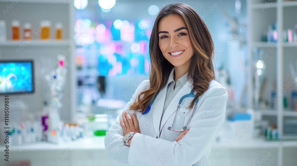 Confident female doctor standing with arms crossed, showcasing a high-tech medical device in a bright, Confident female doctor standing with arms crossed, showcasing a high-tech medical device in a bright,