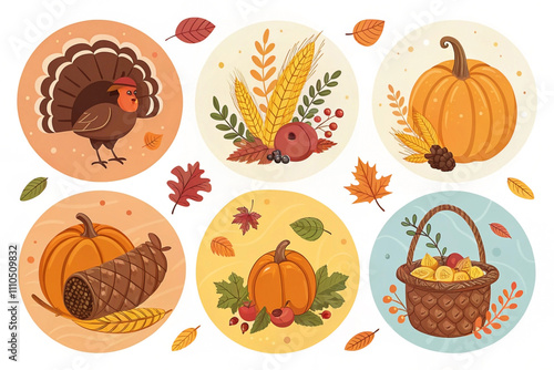 Six autumnal themed illustrations featuring a turkey, wheat, pumpkins, apples, and a basket. photo