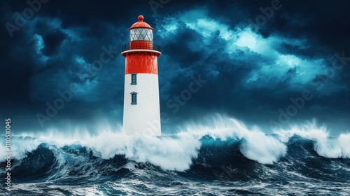 A striking lighthouse stands resilient amidst towering waves and a stormy sky, symbolizing safety and hope in turbulent seas.