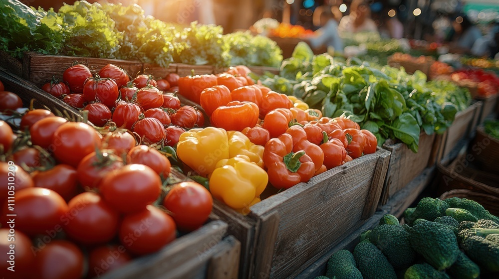 Fresh vegetables at farmers market, wooden crates filled with tomatoes, bell peppers, green leaves, vibrant produce, natural light, healthy eating, organic lifestyle. Fresh vegetables at farmers market, wooden crates filled with tomatoes, bell peppers, green leaves, vibrant produce, natural light, healthy eating, organic lifestyle.
