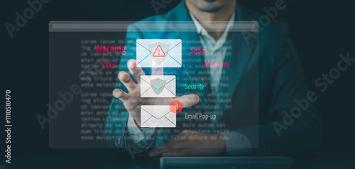 Cybercrime email Spam concept. E-mail Popup Warning Window: The computer shows a malware screen that comes with email, hack passwords from bank accounts, and personal data cybersecurity photo