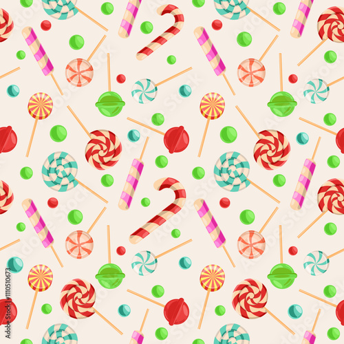 Bright colored lollipop on light background. Sweet dessert for kids. Candy on a stick seamless pattern. Pink, blue, yellow spiral ball. Seamless background with pattern