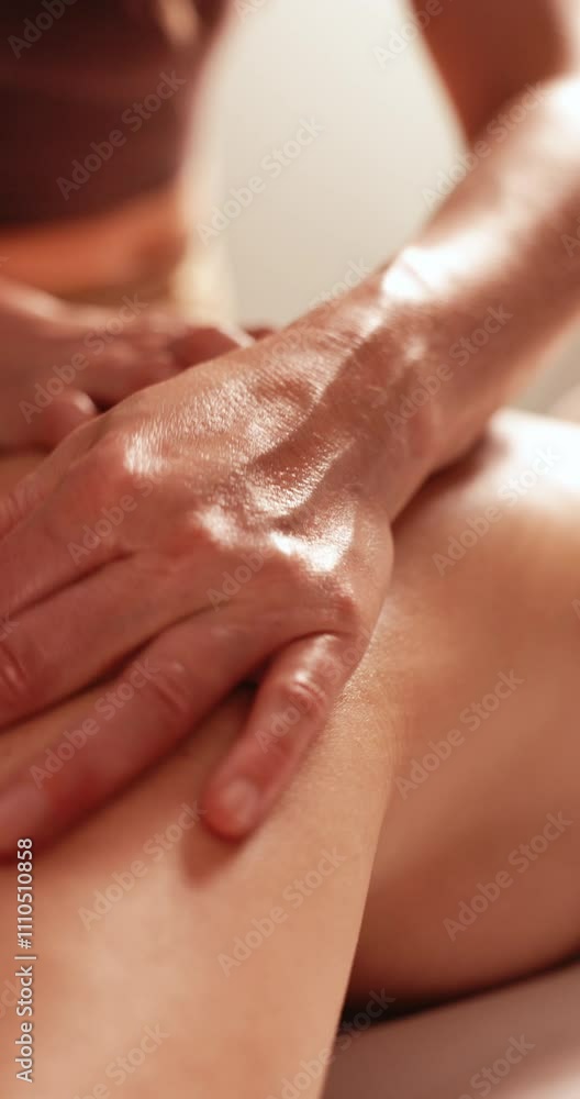 Close up of masseuse hands during relaxing massage of female patient- vertical video Close up of masseuse hands during relaxing massage of female patient- vertical video