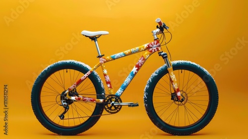 A bicycle with snowflake designs painted on the frame, positioned against a deep yellow background photo