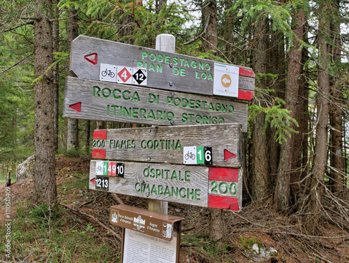 Crossroads of hiking trails sign in the forest in the Italian mountains photo