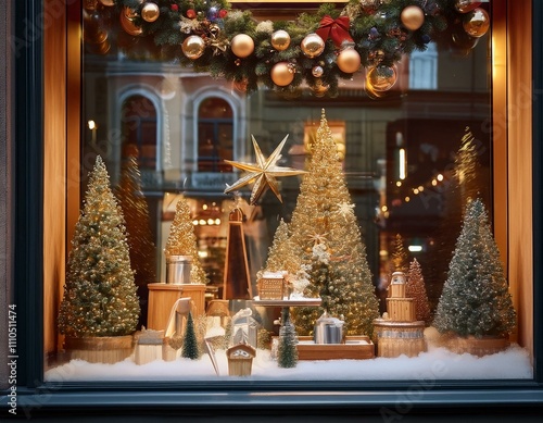 Festive Window Display- A beautifully decorated shop window with Christmas scenes photo