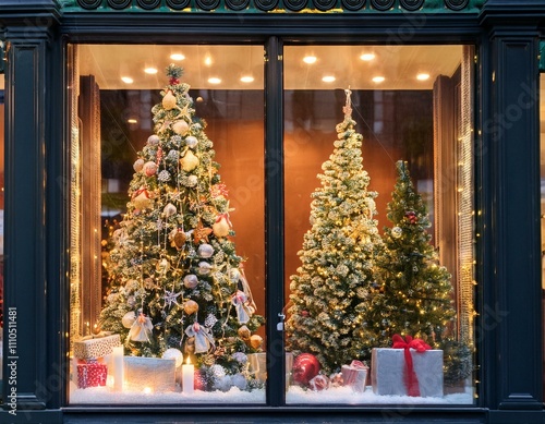 Festive Window Display- A beautifully decorated shop window with Christmas scenes photo