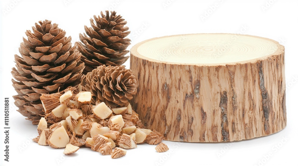Natural Wood Stump with Pine Cones and Chopped Twigs Arrangement Natural Wood Stump with Pine Cones and Chopped Twigs Arrangement