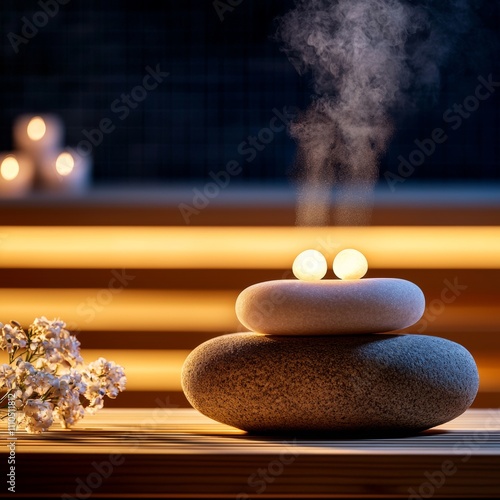 A serene arrangement of stones with glowing orbs and gentle steam, creating a calming ambiance perfect for relaxation.
