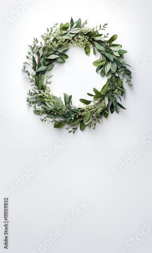 Beautifully crafted, greenery Christmas wreath, white background, natural arrangement, loose vines and leaves, free-form shape, modern style, vibrant greens photo