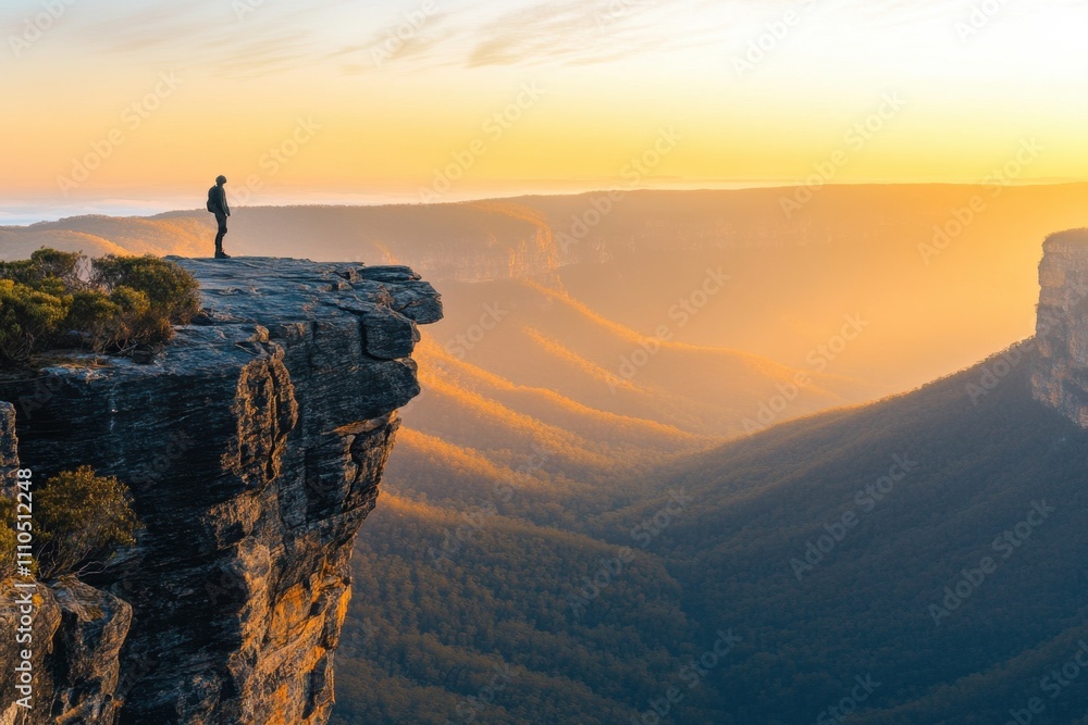 Fototapeta premium Hiking adventure at majestic cliff overlook stunning sunset landscape photography breathtaking natural environment serene viewpoint inspiring exploration concept for outdoor enthusiasts