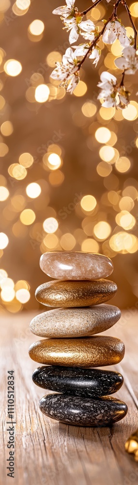 A serene stack of smooth stones glimmers against a backdrop of sparkling golden lights, evoking a sense of tranquility and balance. A serene stack of smooth stones glimmers against a backdrop of sparkling golden lights, evoking a sense of tranquility and balance.
